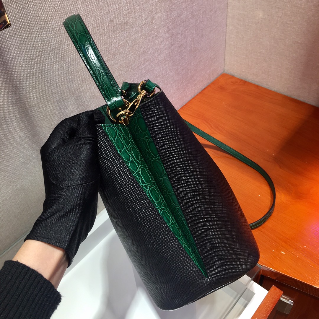 Prada Medium Panier Saffiano Leather Bag Black/Green 1BA212